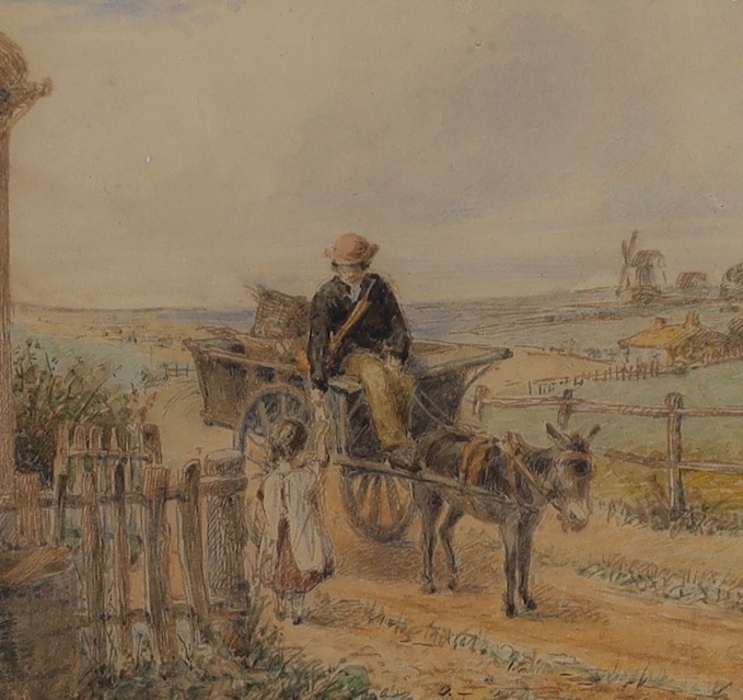 19th century English School, two watercolours, Fisherfolk beside cottages at Eynsford and Figures with a donkey cart, 20 x 12cm and 11 x 12cm